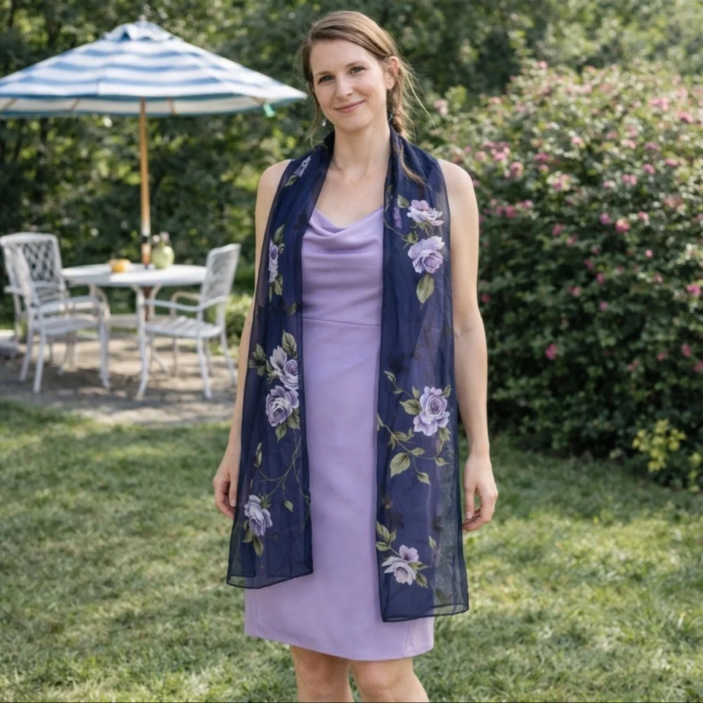 Blue Floral Chiffon Scarf